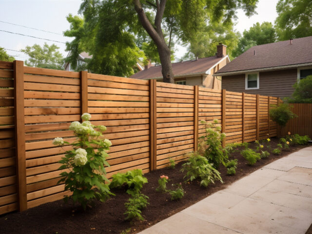 Wooden fence in the backyard and lawn. Generative AI - Weiss Élagage & Paysage