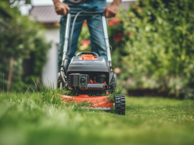 homme qui tond avec une une tondeuse électrique à main, la pelouse de son jardin, on voit la pelouse en gros plan. Entretien, loisirs au jardin, jardiner - Weiss Élagage & Paysage
